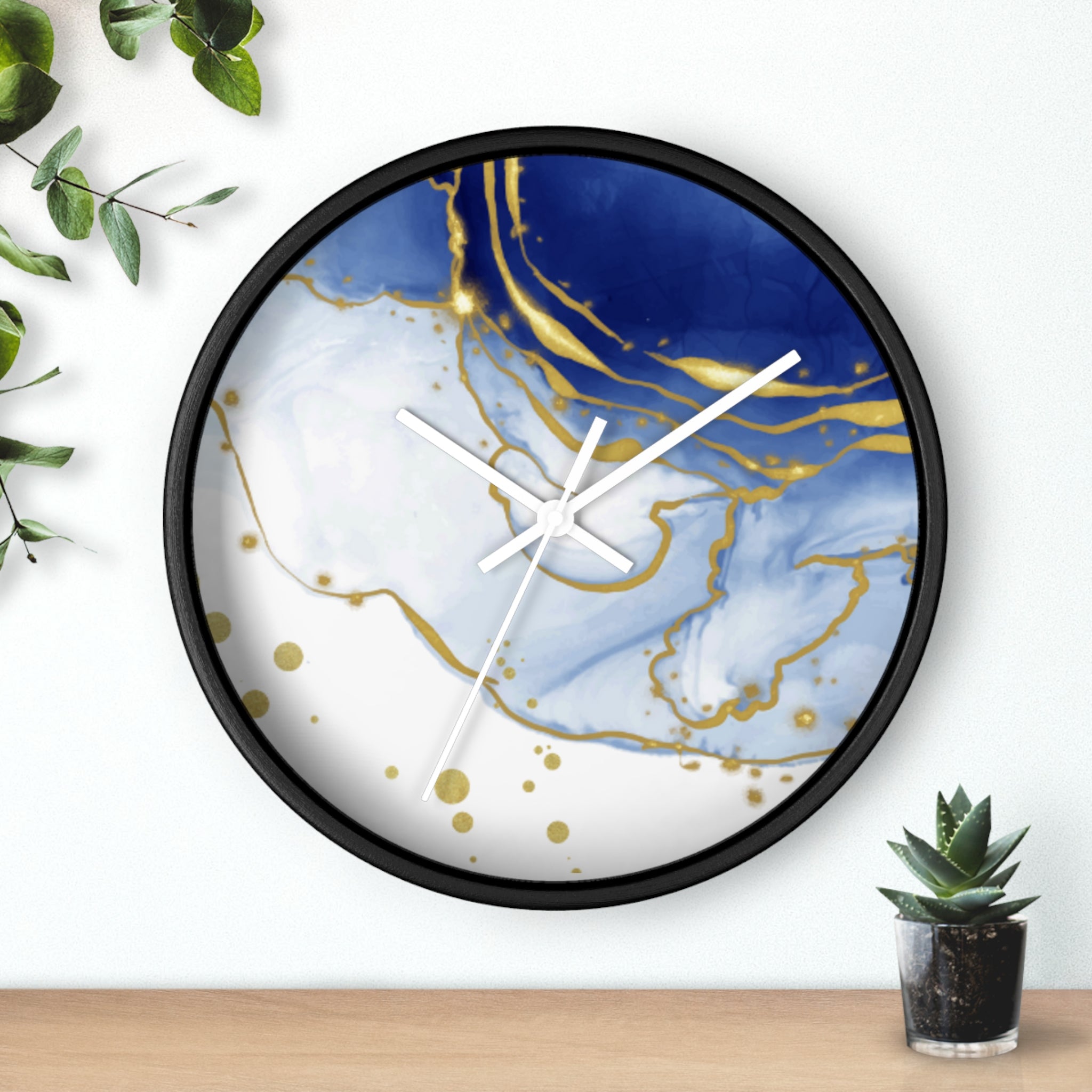 Blue & Gold Marble Wall Clock — Elegant Marble-Patterned Home Clock