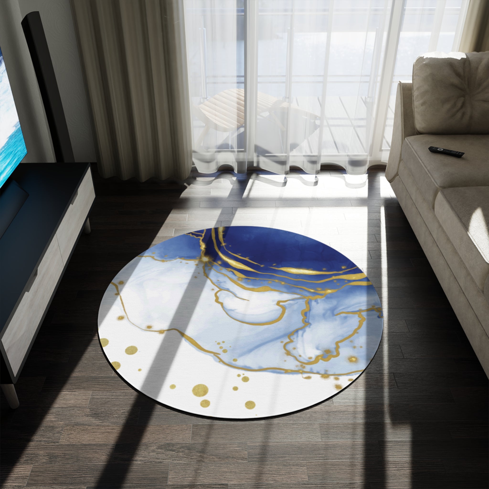 Blue & Gold Marble Round Rug — 'Woman in Life' Decorative Floor Accent