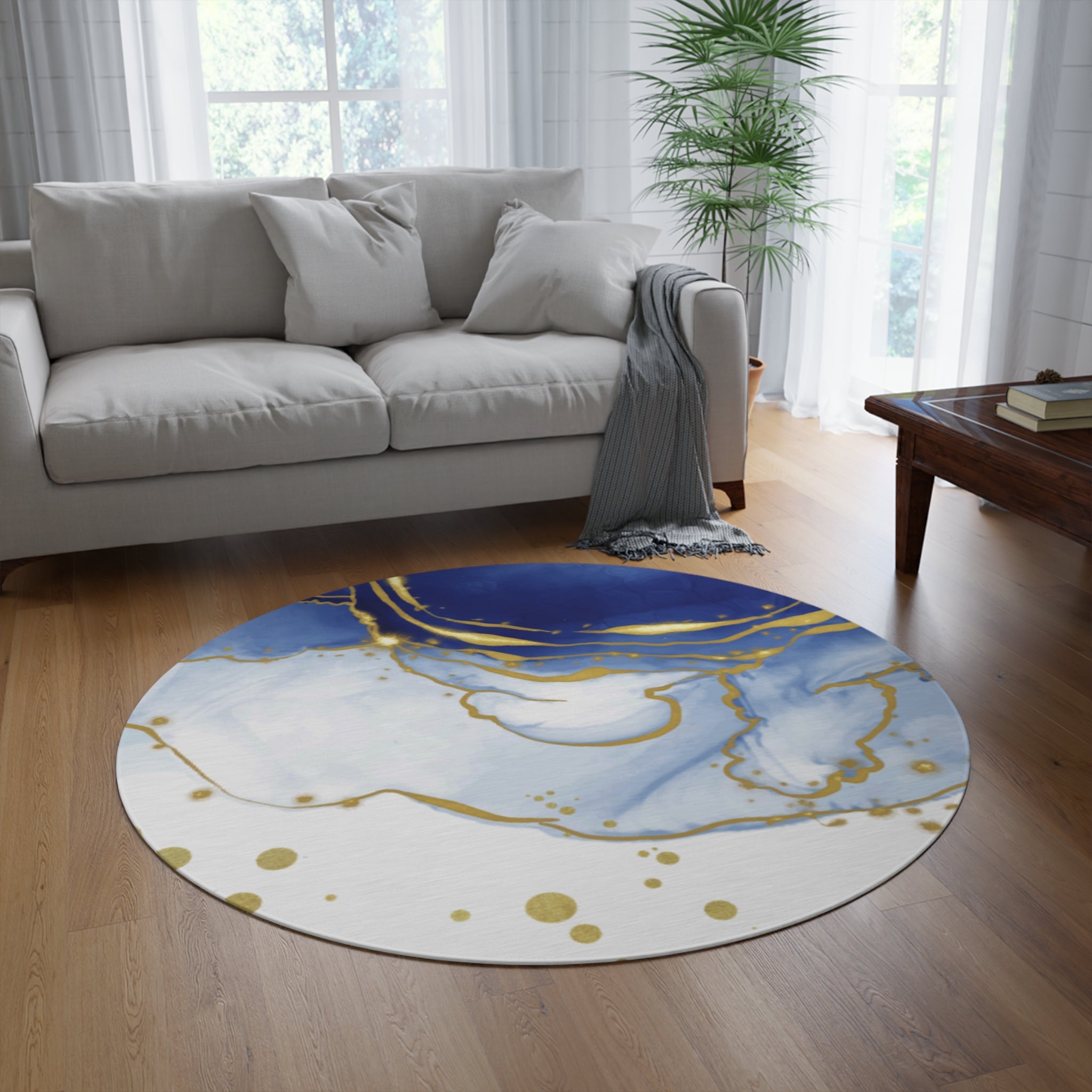 Blue & Gold Marble Round Rug — 'Woman in Life' Decorative Floor Accent