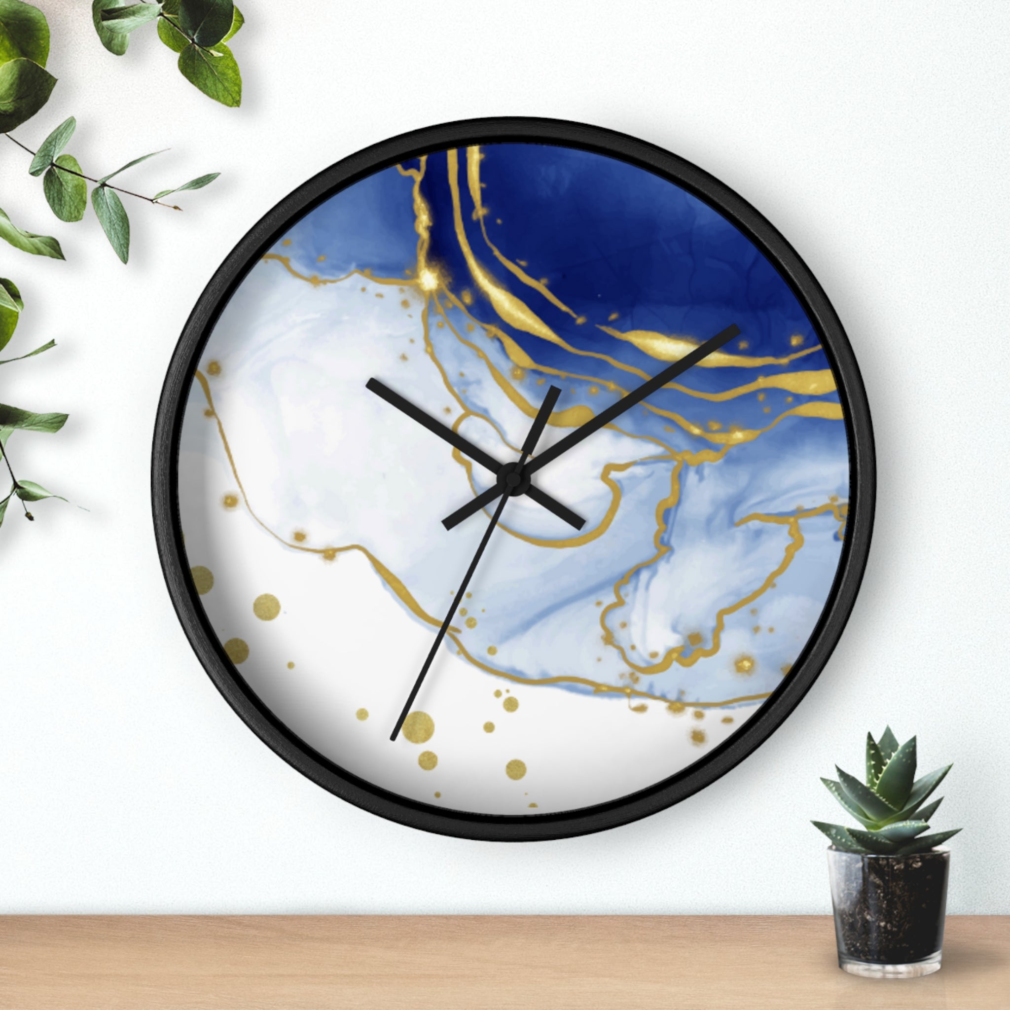 Blue & Gold Marble Wall Clock — Elegant Marble-Patterned Home Clock