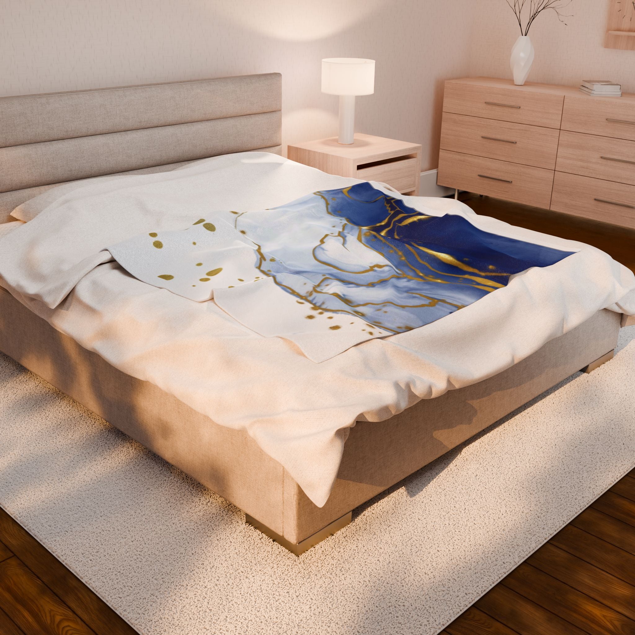 Blue & Gold Marble Velveteen Plush Blanket — Luxurious Soft Throw