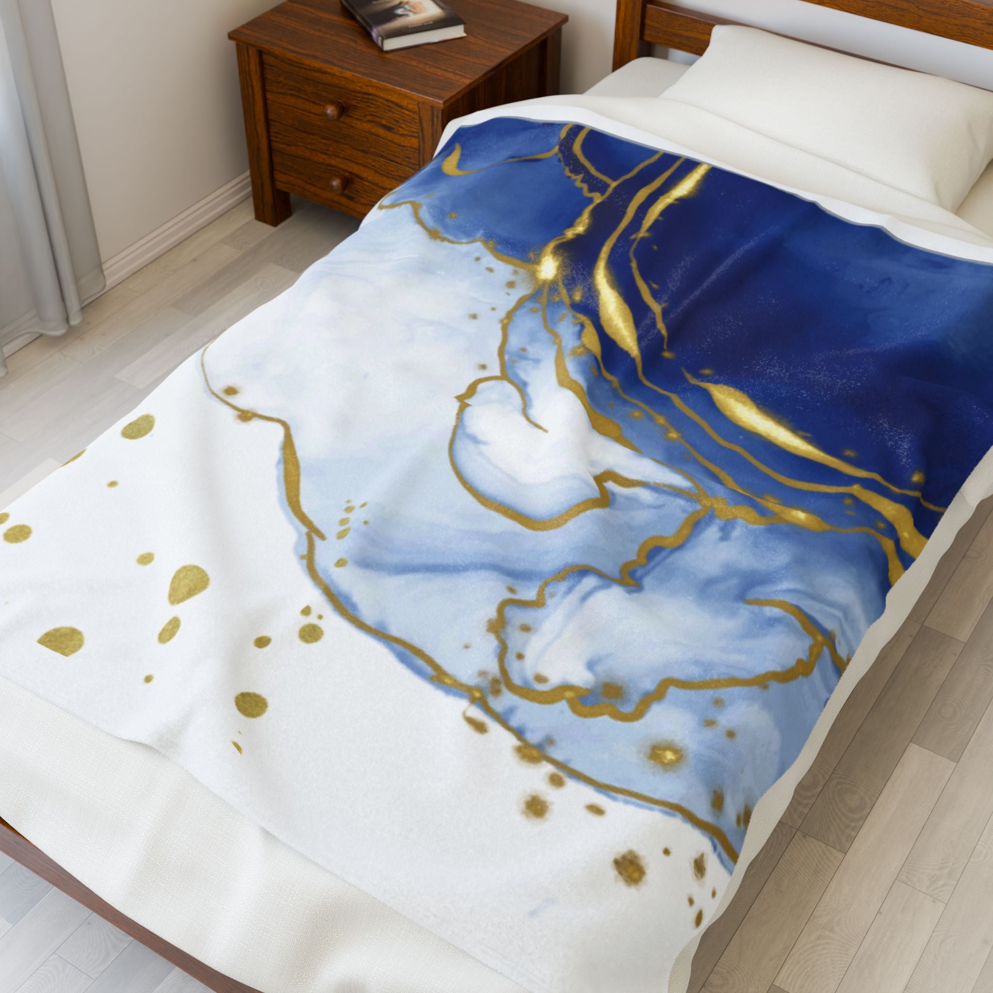 Blue & Gold Marble Velveteen Plush Blanket — Luxurious Soft Throw