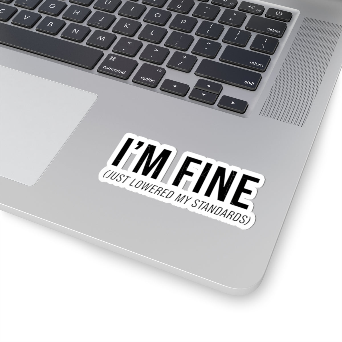 I'M FINE (just lowered my standards) Kiss-Cut Sticker | sarcastic self-image, anxiety humor