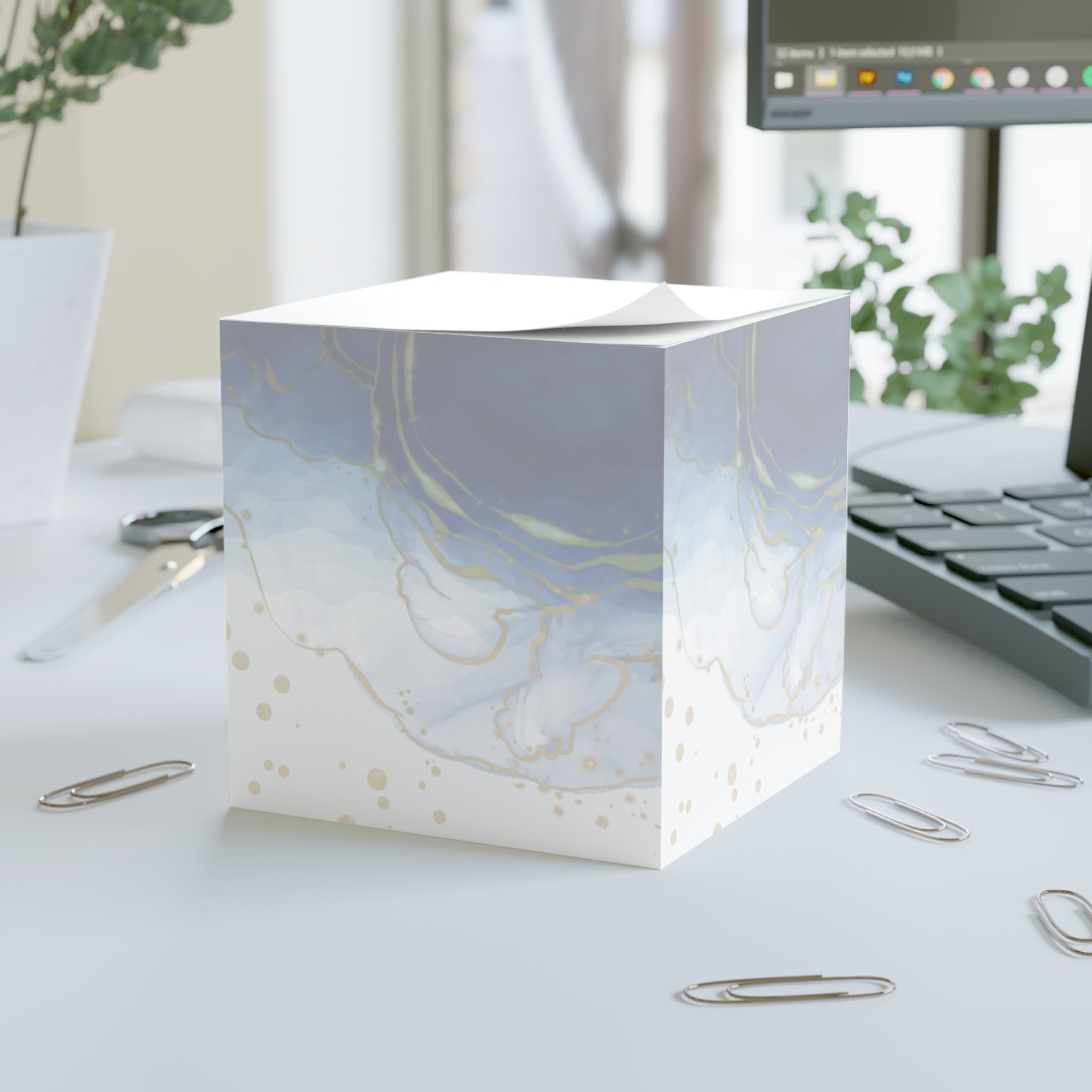 Blue & Gold Marble Note Cube — Decorative Desk Notepad