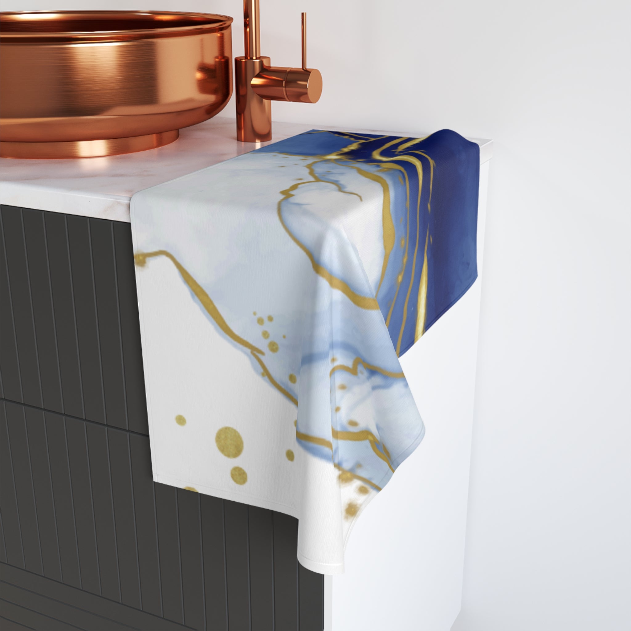 Blue & Gold Marble Hand Towel — Elegant Bathroom/Kitchen Accent