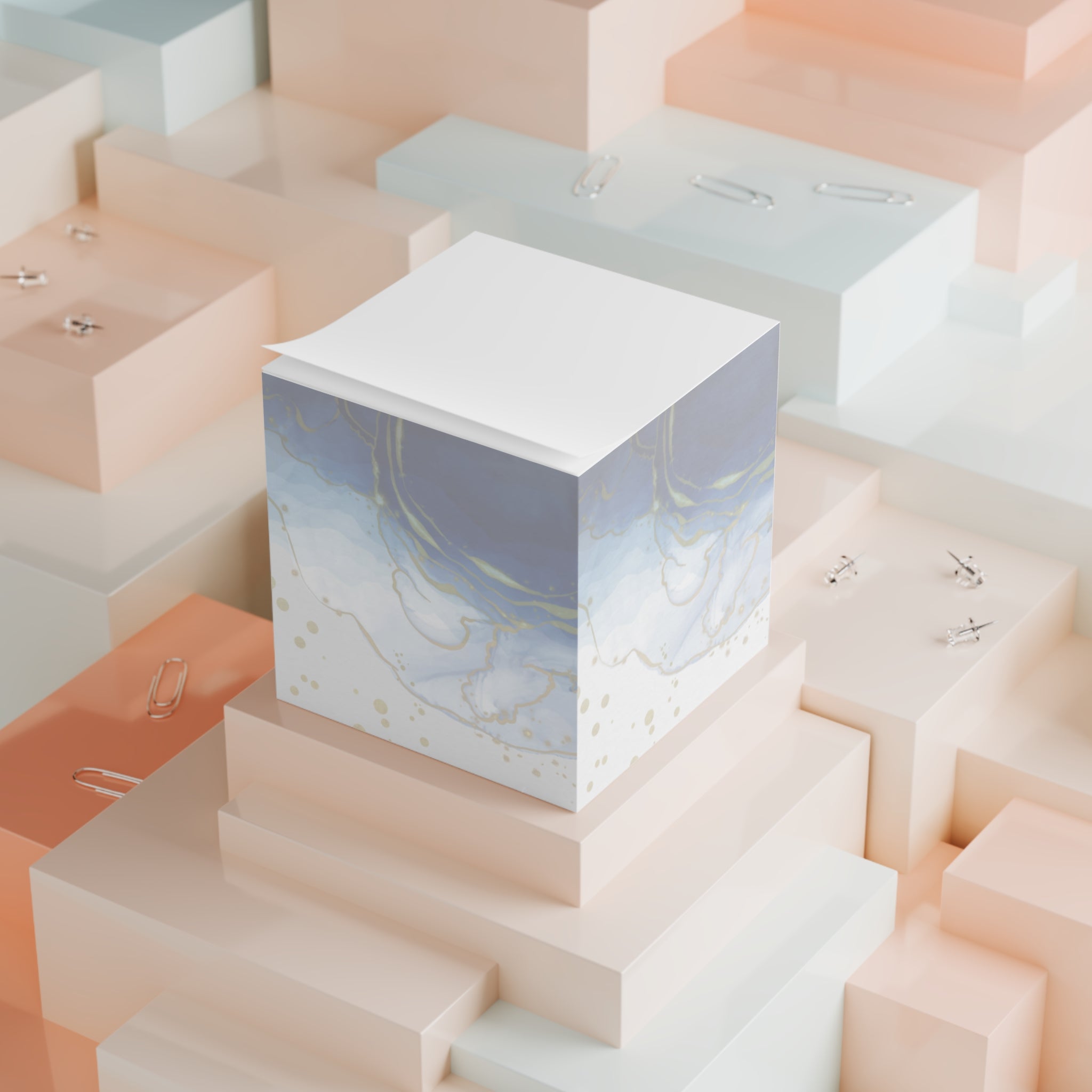 Blue & Gold Marble Note Cube — Decorative Desk Notepad
